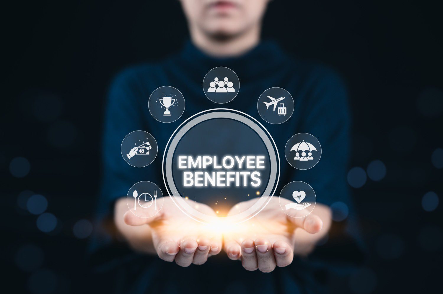 Hands holding employee benefits icons hologram.