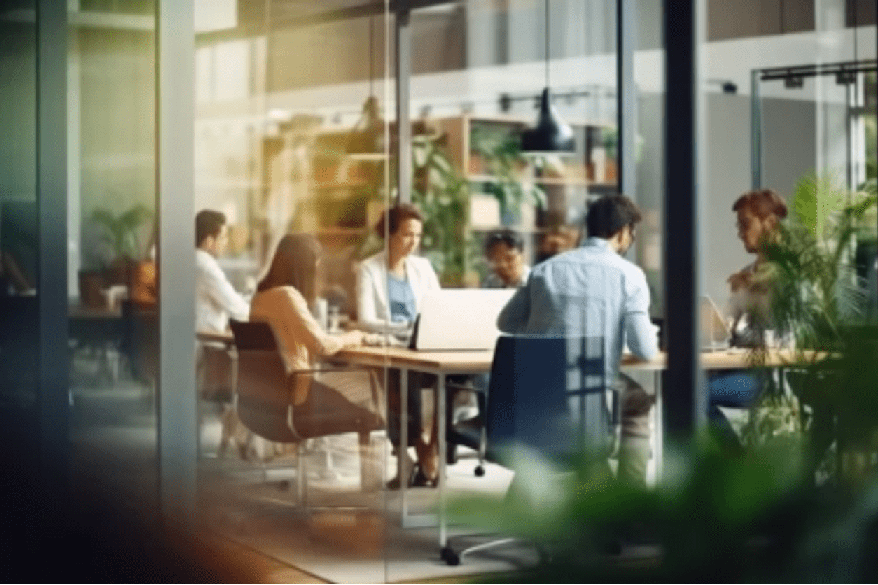 Colleagues collaborating in a modern office meeting room.
