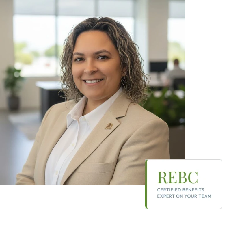 Professional woman smiling in a beige blazer at a bright office.