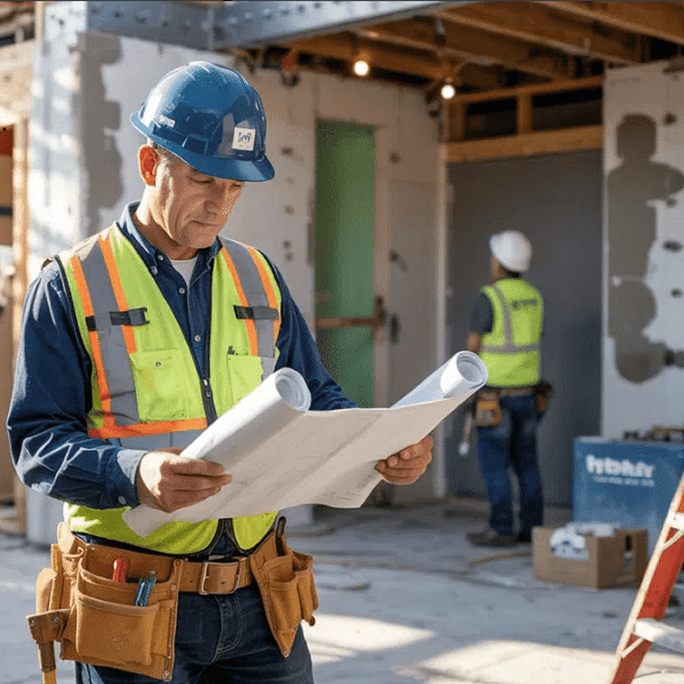Construction worker reviewing blueprints on-site.