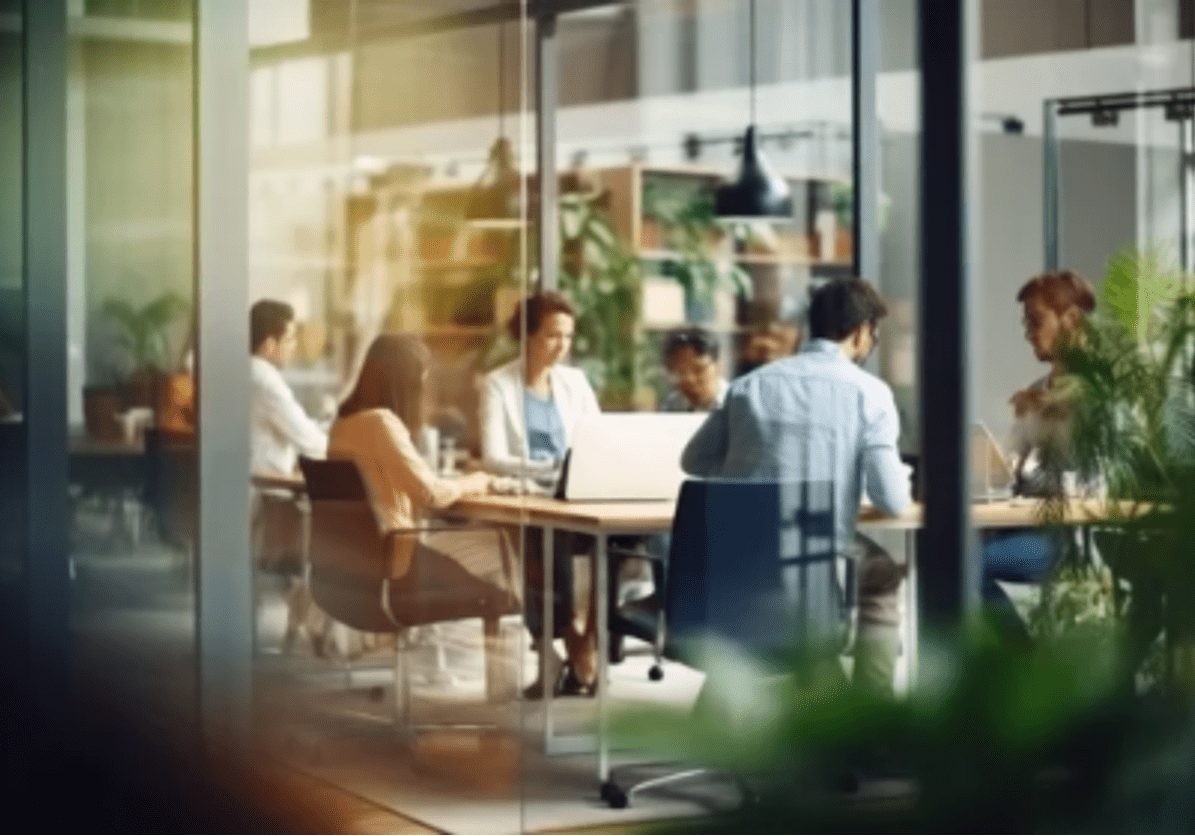 Colleagues collaborating in a modern office meeting room.