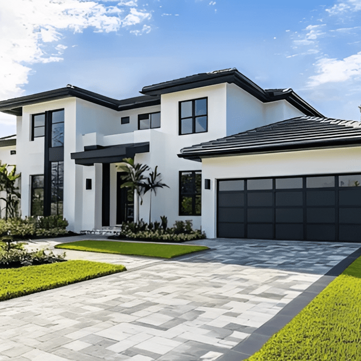 Modern white two-story house with large windows and a paved driveway.