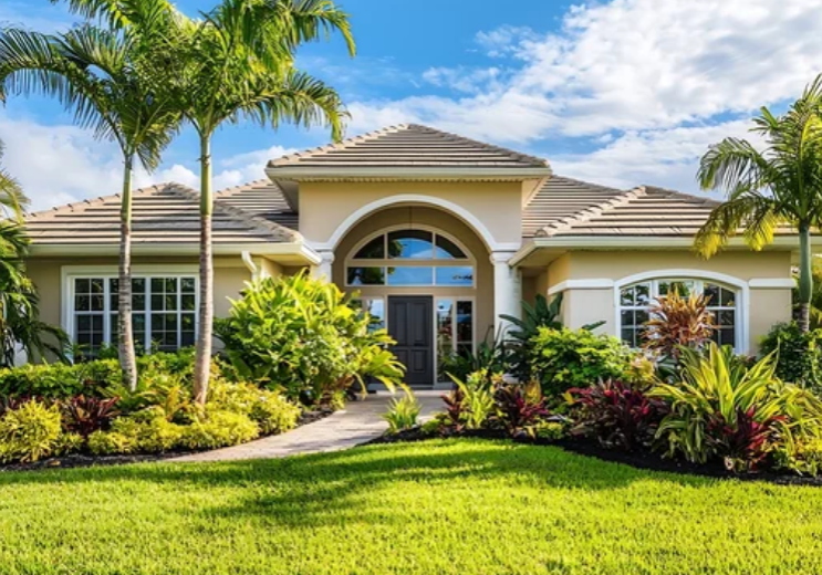Luxurious house with a lush garden and palm trees.