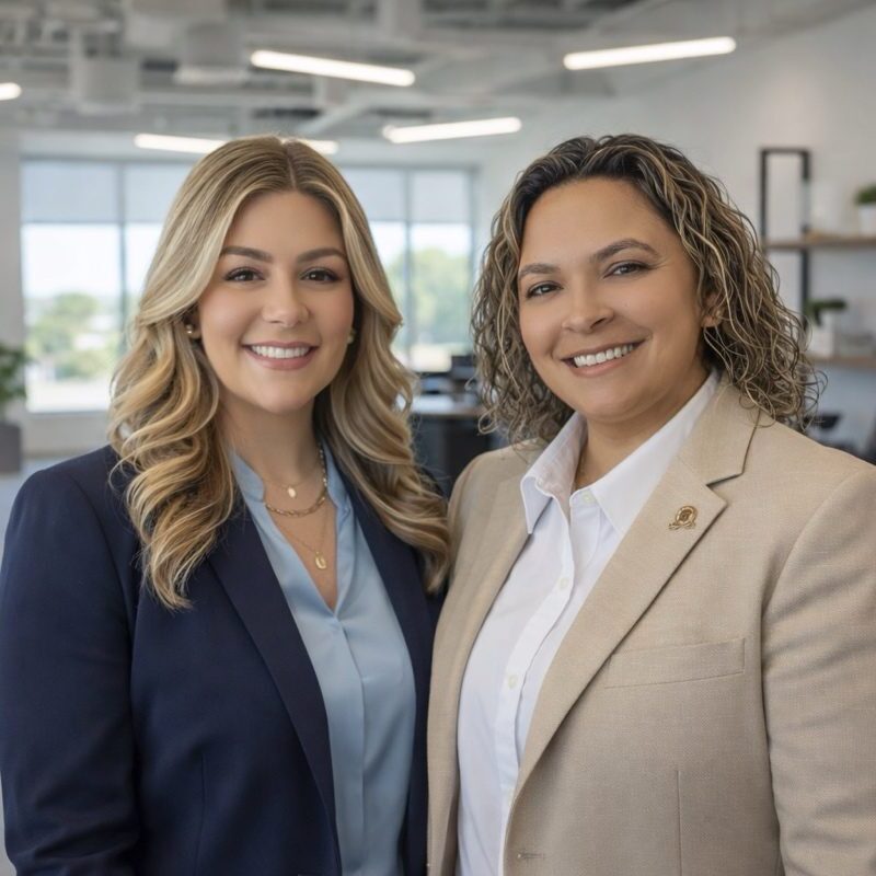 Two professional women smiling in an office setting.