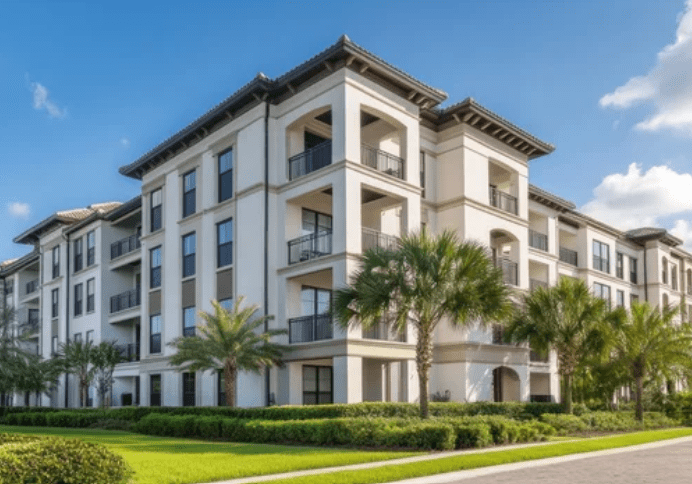 Modern apartment building with balconies and palm trees under a clear blue sky.